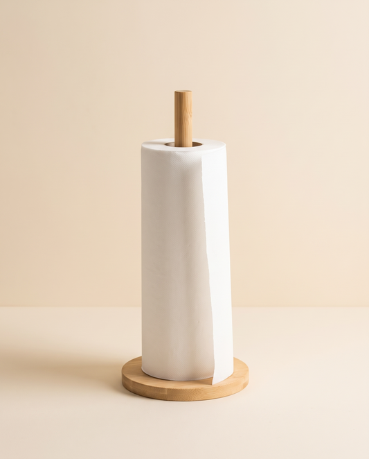 Bamboo paper towel holder with a white roll